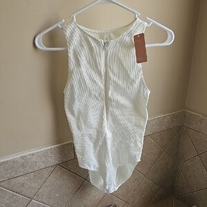 Feeling Girl Sleeveless Ribbed Zip Front Bodysuit - Cream